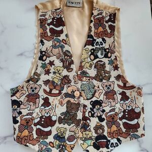 Facets Medium teddy bear tapestry sleeveless vest vintage '90s retro v-neck gran